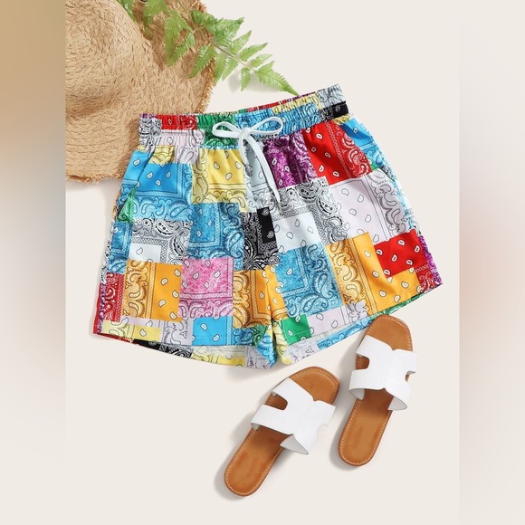 Paisley Print Patchwork Slant Pocket Shorts Women Size Small - Picture 1 of 8